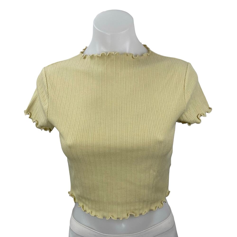 Oak + Fort Yellow Ribbed Lettuce Trim Hem Short Sleeve Crop Tee T-Shirt Top XS